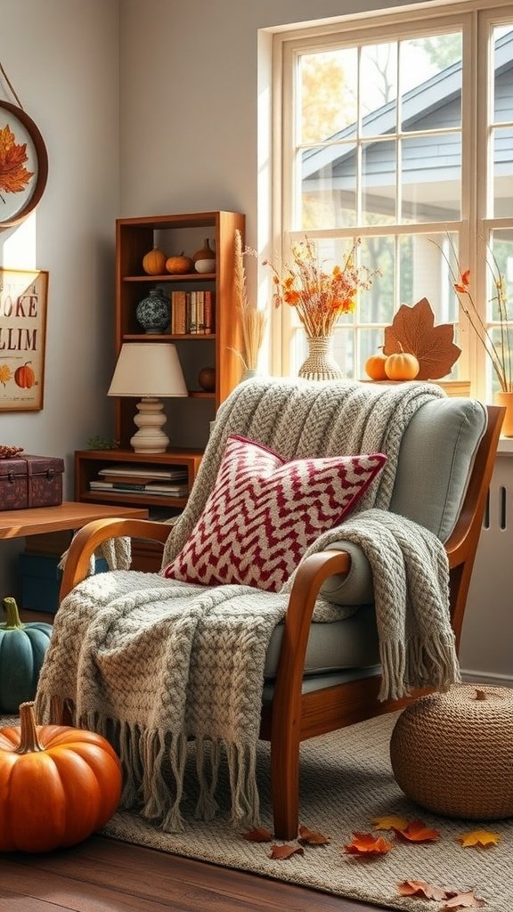 A cozy home office corner featuring a wooden chair with a knitted blanket and patterned pillow, pumpkins, and soft lighting.