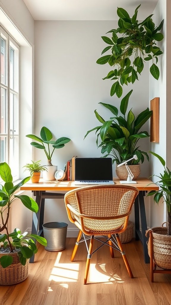 A cozy home office nook featuring a wooden desk, rattan chair, and various indoor plants.