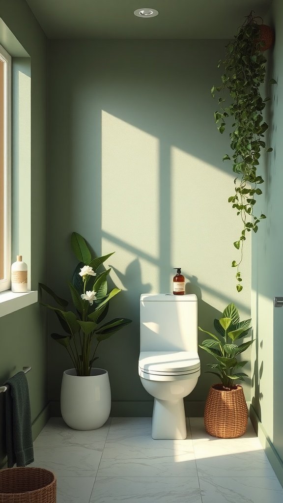 A small bathroom painted in green-gray with plants, a white toilet, and natural light.