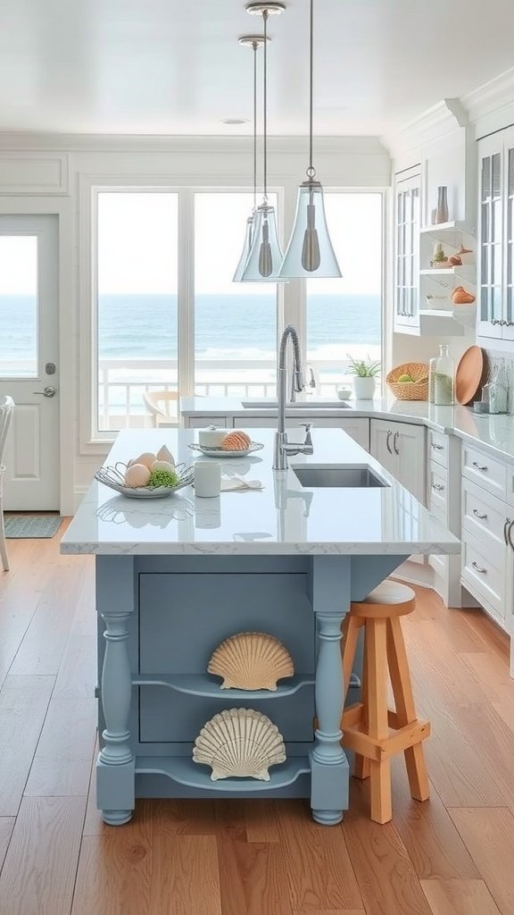 A coastal kitchen with a blue peninsula featuring shell accents and a stunning ocean view.