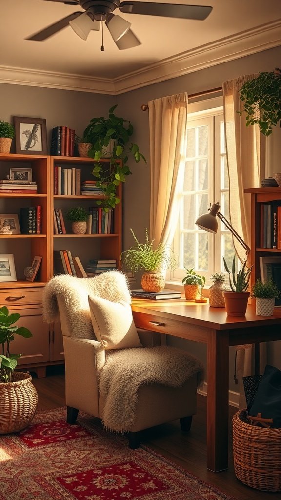 A cozy home office decorated in English cottage style with a soft armchair, plants, and bookshelves.