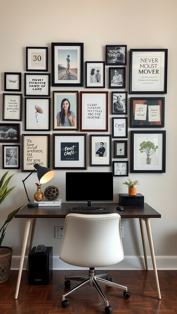Home office with a gallery wall display of framed photos and art.