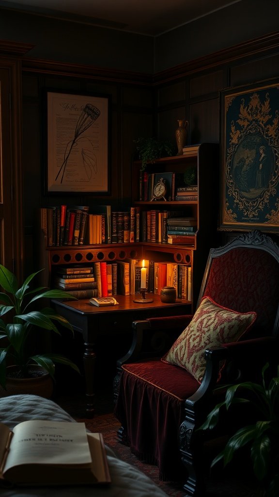 Cozy dark academia corner featuring a plush chair, candlelight, and filled bookshelves