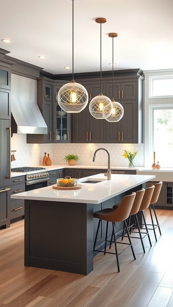 A modern kitchen with a parallel layout featuring a white peninsula, dark cabinets, and stylish lighting.
