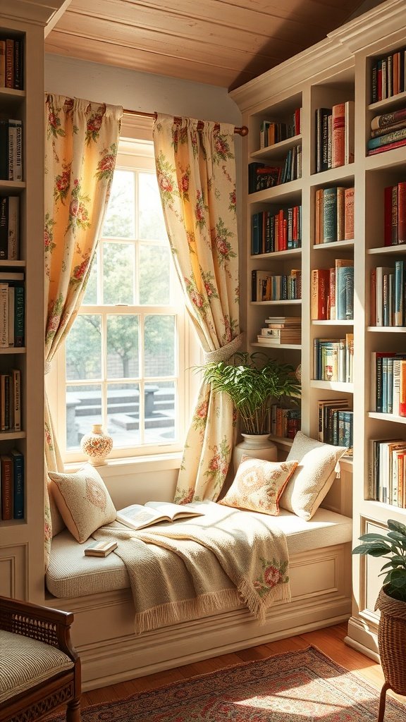 A cozy reading nook with a window seat, surrounded by bookshelves and soft pillows, evoking an English cottage style.