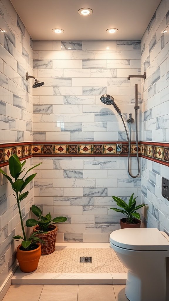 Modern bathroom shower with marble tiles, dual shower heads, and decorative border.