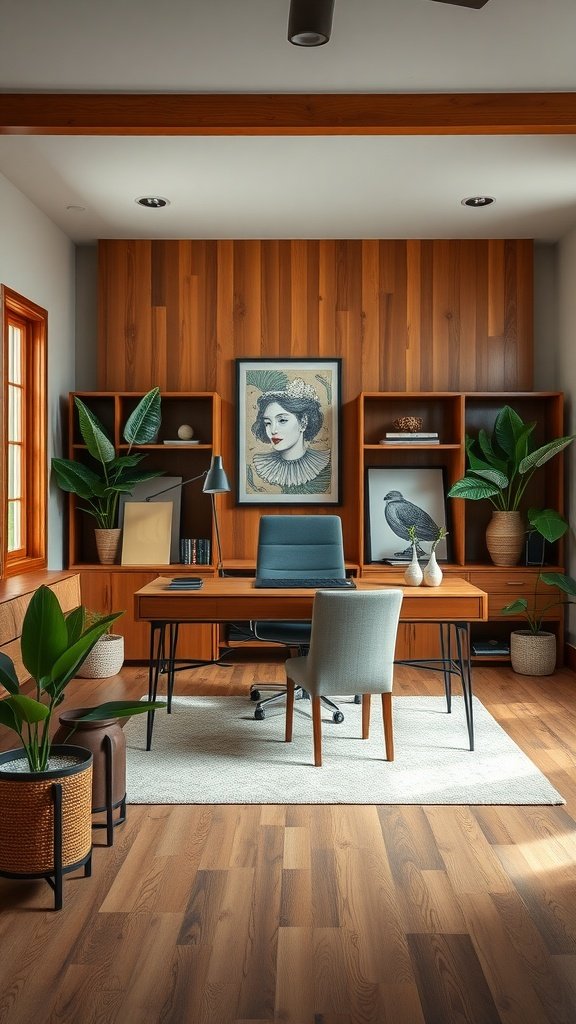 A mid-century modern home office with wooden accents, plants, and stylish decor.