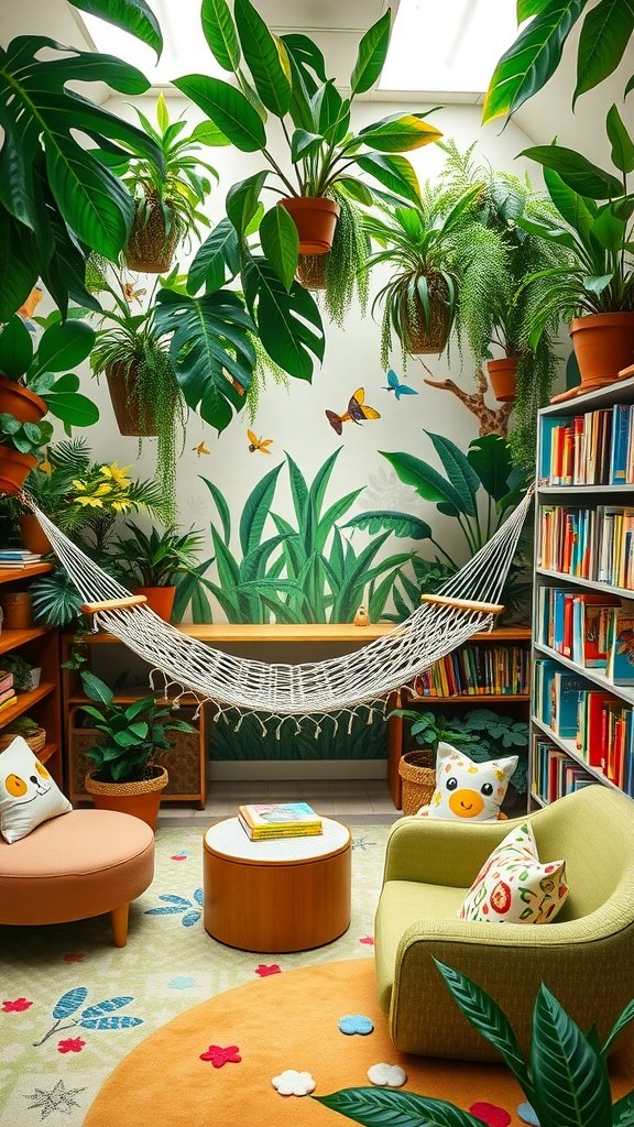 Cozy classroom reading corner with a jungle theme, featuring plants, a hammock, and colorful furniture.