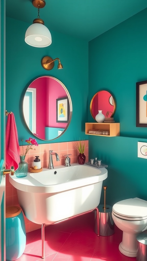 A colorful bathroom with teal walls and pink accents, featuring a round mirror and modern fixtures.