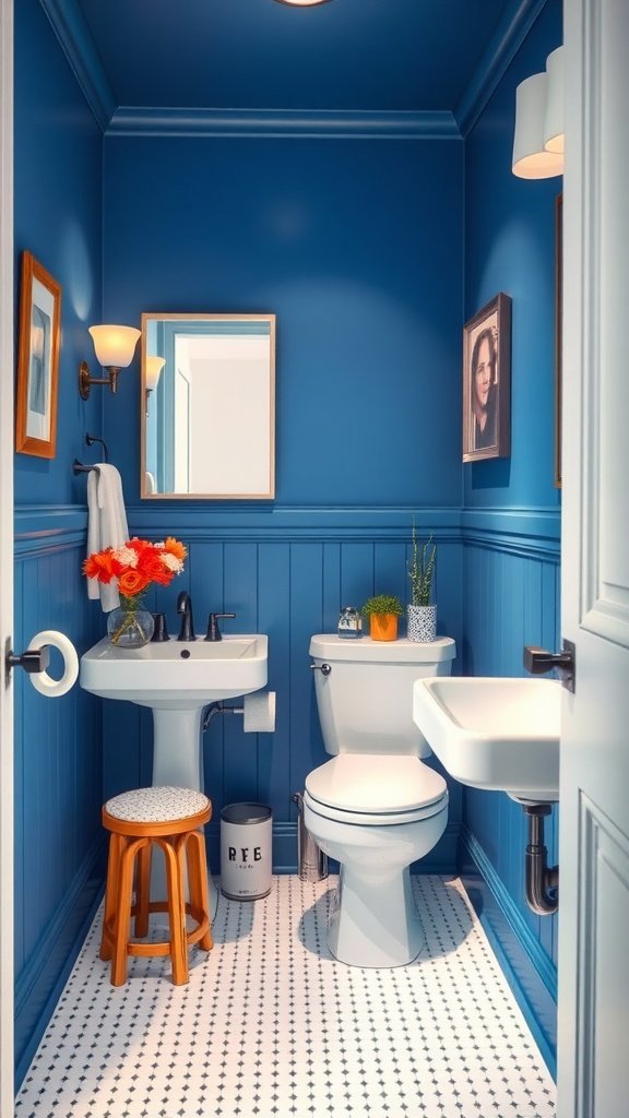 A small bathroom painted in Majestic Blue with white fixtures and decor.