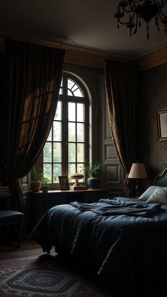 A dark academia bedroom featuring dramatic window treatments with rich curtains framing a window, plants on a desk, and a cozy bed.