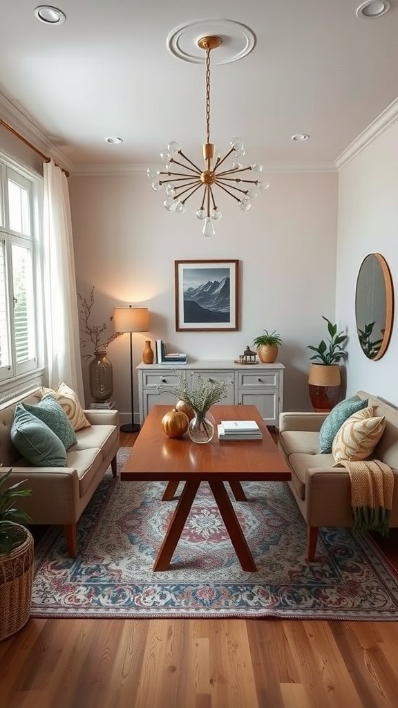 Cozy small living room featuring a symmetrical layout with a dining table and stylish decor.