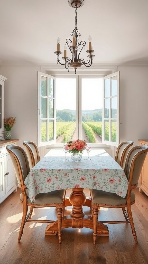 A cozy dining room with a floral tablecloth, large windows overlooking vineyards, and elegant decor.