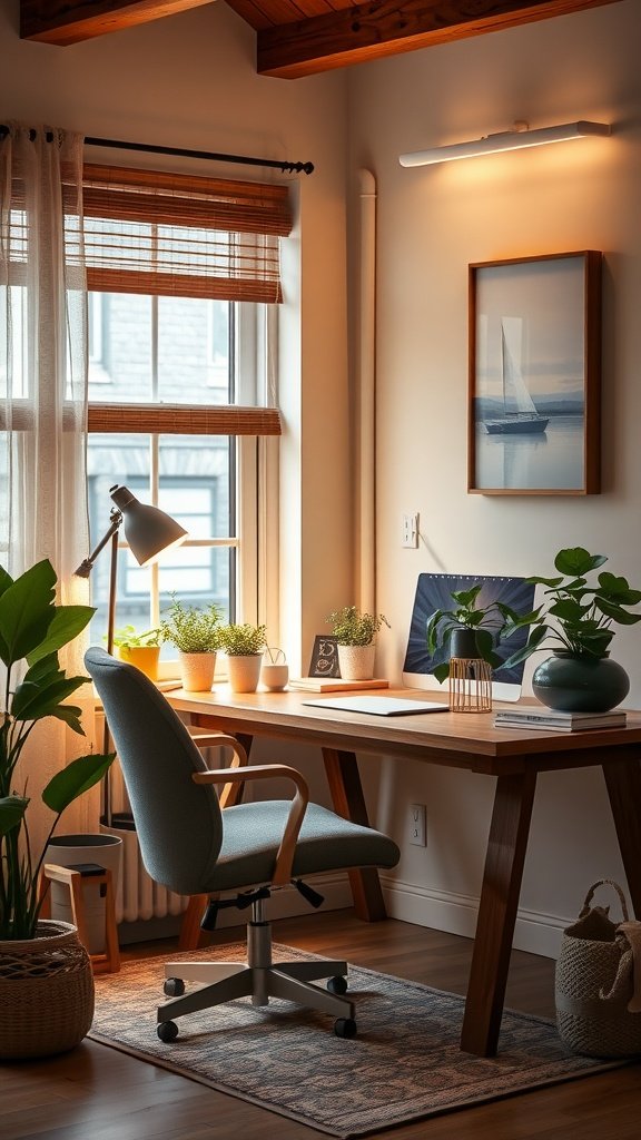 A cozy home office setup with a wooden desk, a comfortable chair, plants, and natural light.