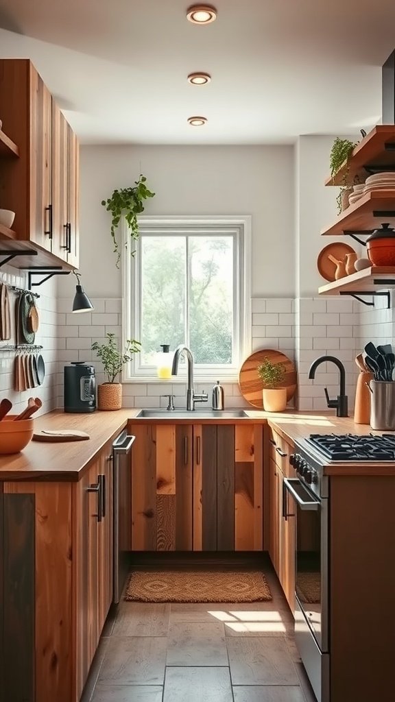 A small modern kitchen with reclaimed wood cabinetry, open shelves, and a bright window