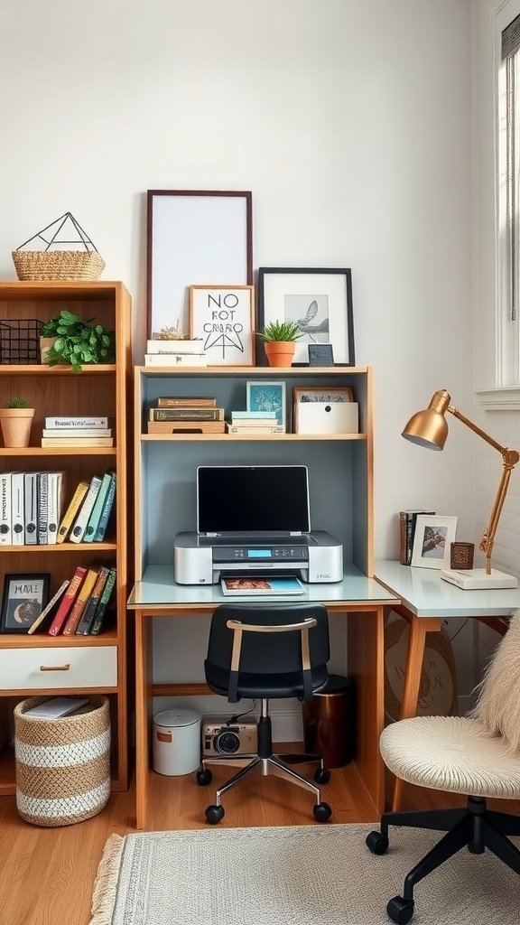A well-organized small home office featuring a hidden printer, bookshelves, and decorative items.