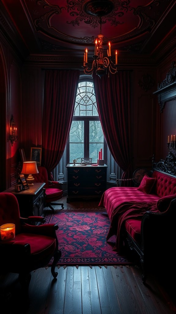 A beautifully decorated goth bedroom with red walls, plush furniture, and warm lighting.