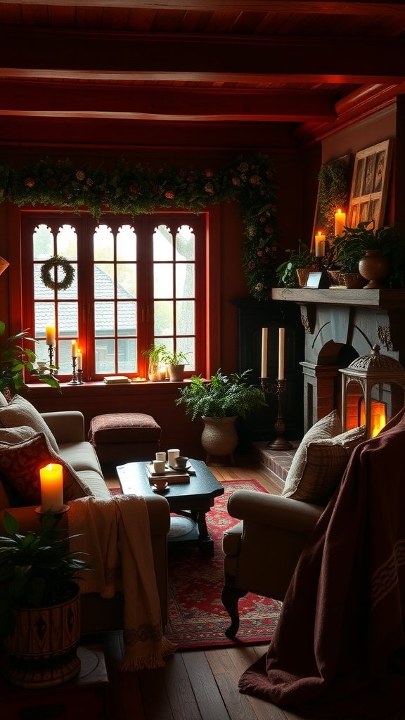 A cozy interior with a warm red color scheme, soft seating, candles, and plants.