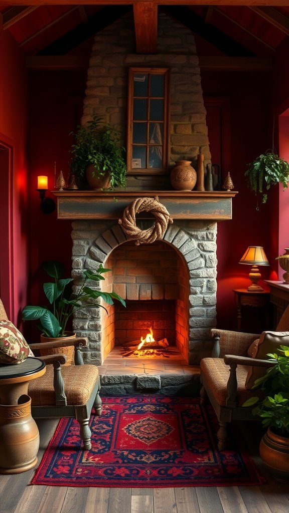 A cozy interior with a stone fireplace, red walls, and comfortable chairs, showcasing dark cottagecore design.