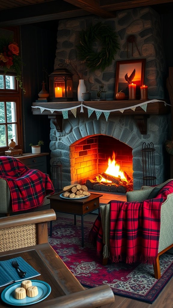 Cozy fireside retreat with crimson plaid blankets, stone fireplace, and warm lighting