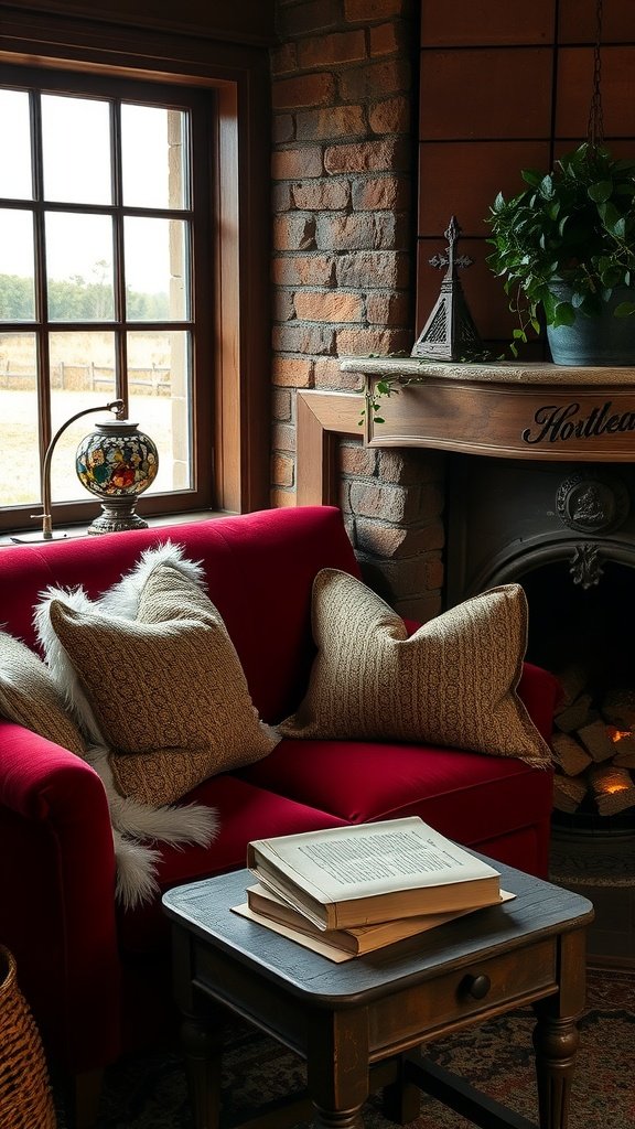 A cozy nook with a crimson velvet sofa, textured pillows, a small table with books, and a rustic fireplace.