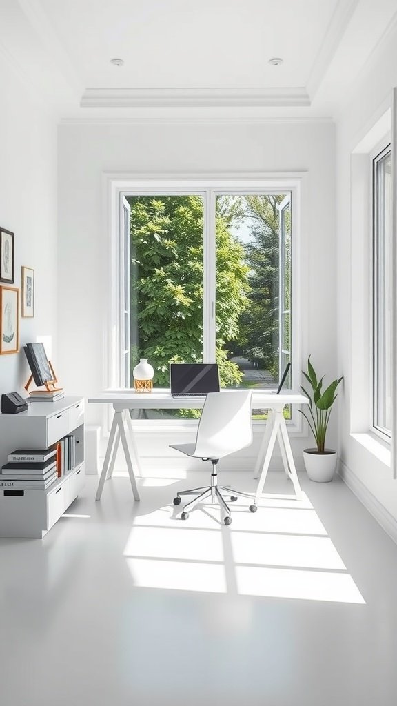 Bright and minimalist home office with a white desk, laptop, and plant