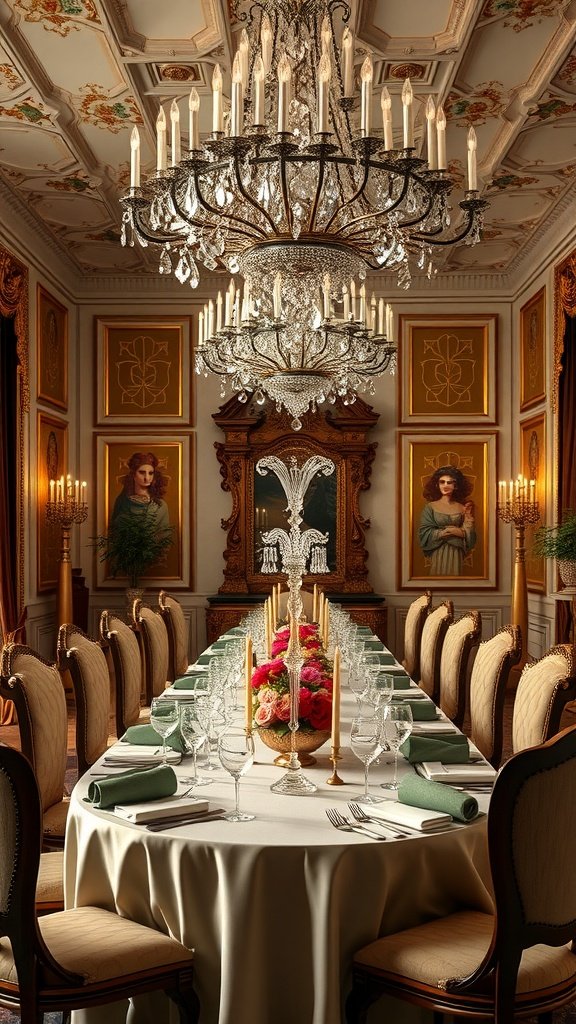 Luxurious Italian dining room with crystal chandelier and elegant table settings