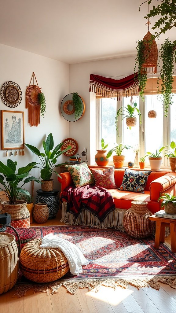 A cozy boho-style living room with an orange couch, colorful cushions, woven baskets, and plants, creating a vibrant and inviting atmosphere.
