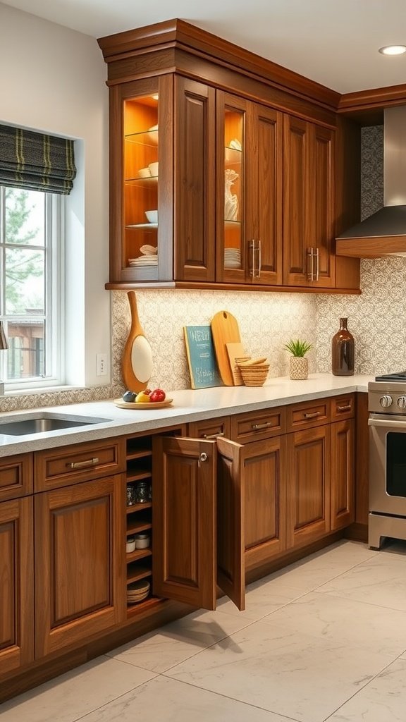 Custom kitchen cabinets with glass doors and wooden finish, showcasing organized dishware and clever storage solutions.