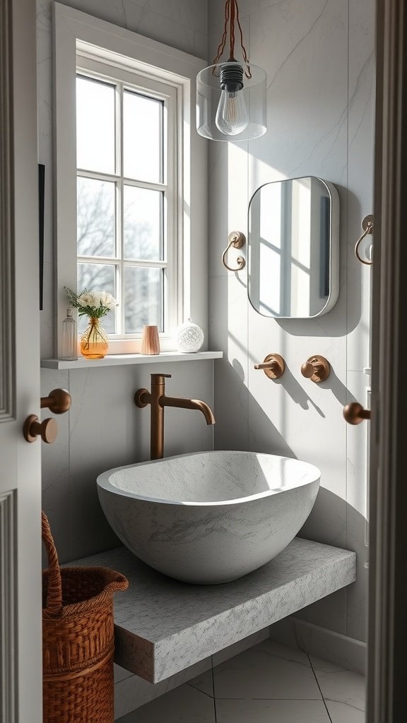 Stylish custom stone basin in a small modern bathroom with a warm faucet and decorative accents.