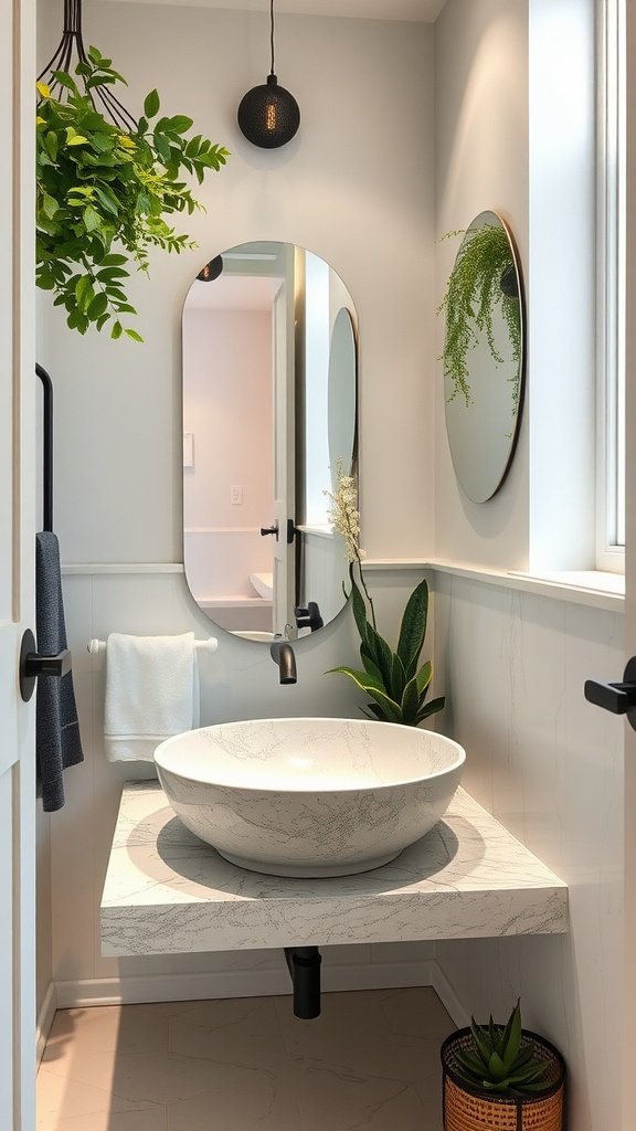 A stylish small bathroom featuring a custom stone basin on a floating shelf, with greenery and modern fixtures.