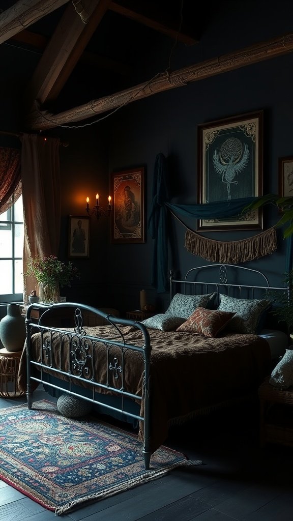 A dark bohemian bedroom featuring a vintage metal bed, dark walls with framed art, and soft lighting.