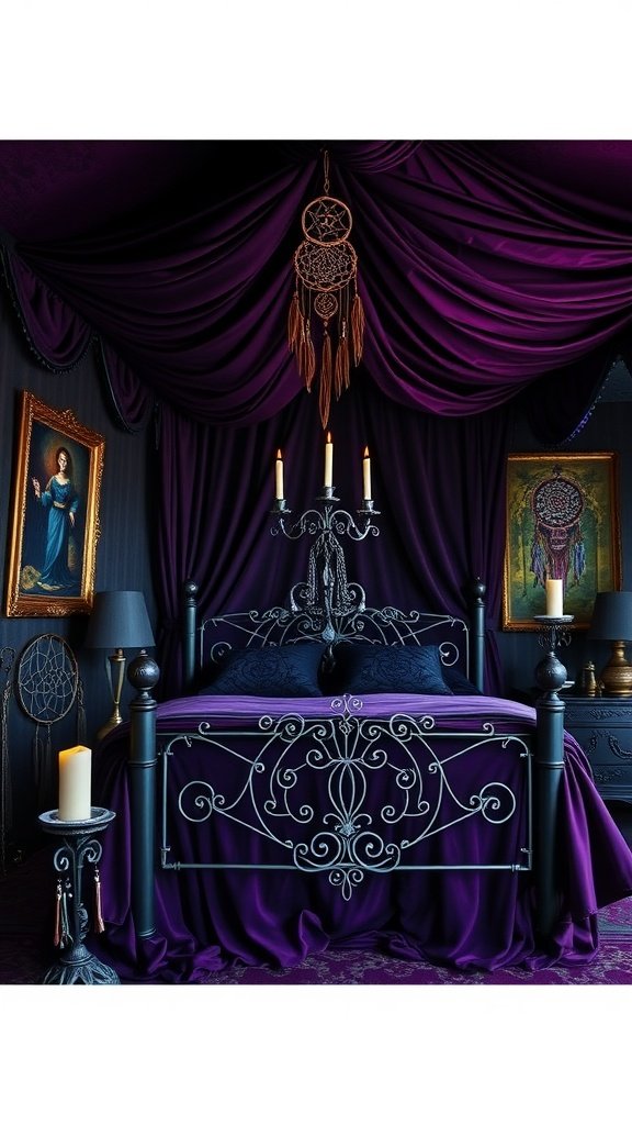 A dark fantasy bedroom featuring purple drapery, wrought iron bed, candles, and vintage artwork.
