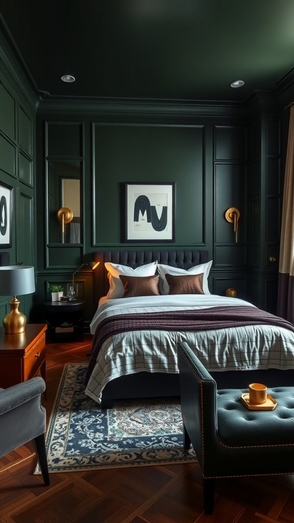 A stylish bedroom with dark green walls, featuring elegant furniture and warm accents.
