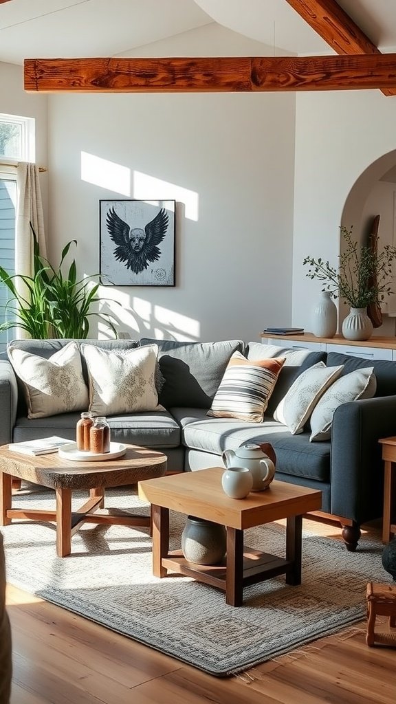 A cozy living room featuring a dark grey sofa with patterned pillows, surrounded by wooden coffee tables and natural light.
