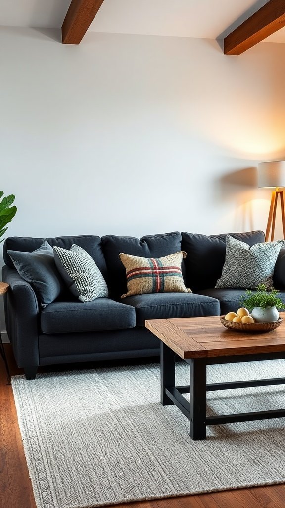 Dark grey sofa with patterned throw pillows and a wooden coffee table in a modern farmhouse living room
