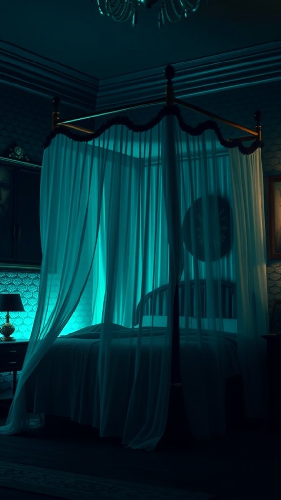 A dark mermaid-themed bedroom with a four-poster bed draped in flowing curtains, illuminated by soft blue lighting.