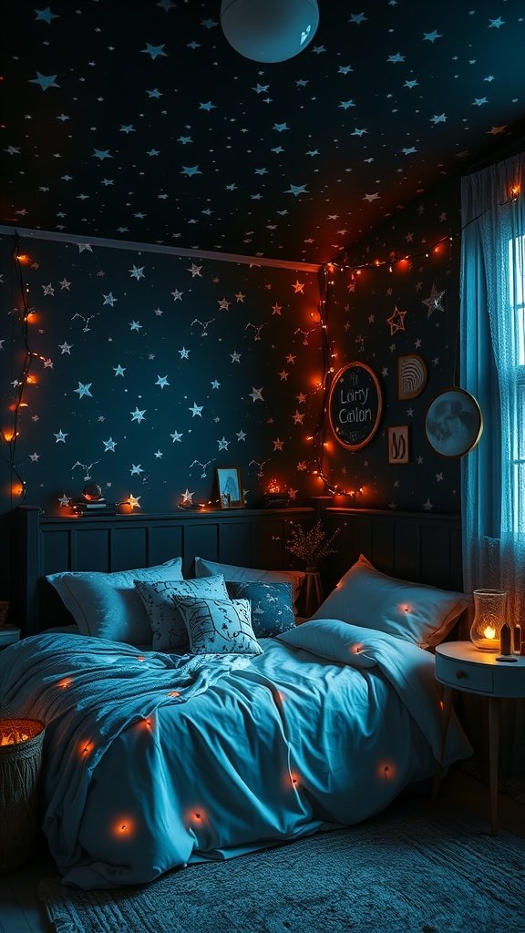 A dark whimsical bedroom with star-patterned ceiling and warm lighting, featuring a cozy bed and celestial decor.