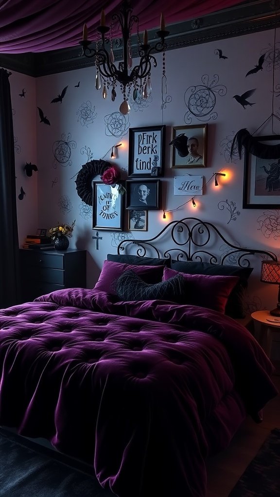 A dark whimsy bedroom featuring crushed velvet bedding in deep purple, adorned with artistic wall decor and soft lighting.