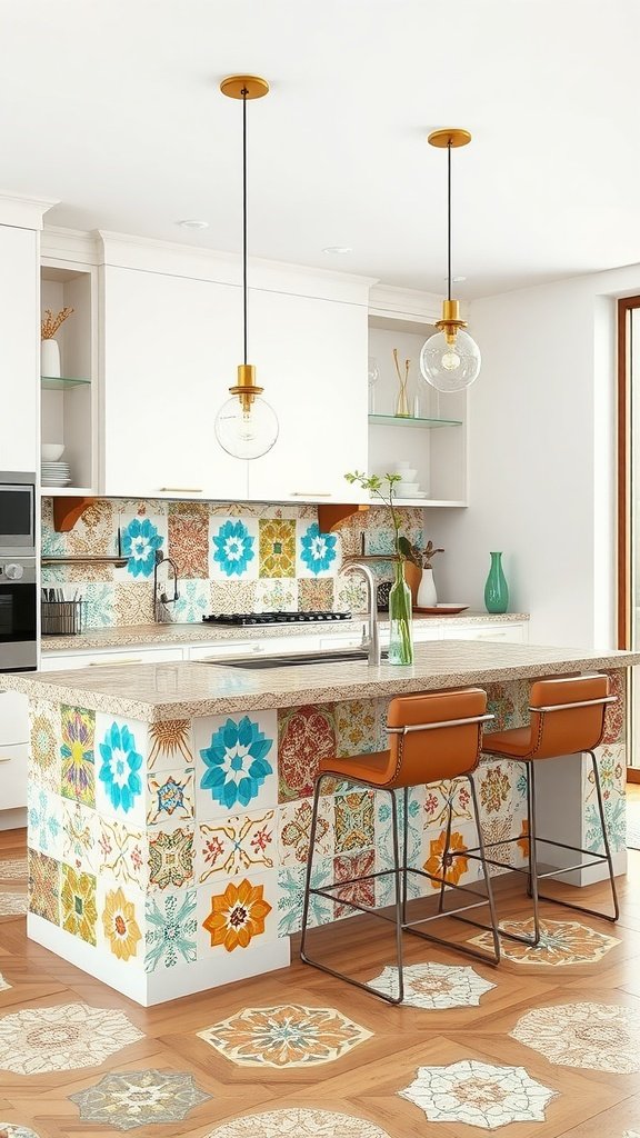 Colorful tiled kitchen peninsula with hanging light fixtures and modern decor.