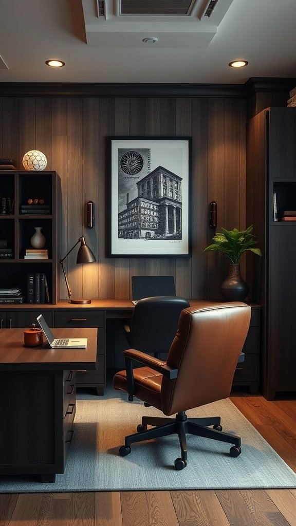 A masculine home office featuring dark wood paneling, a spacious desk, a leather chair, and decorative items.