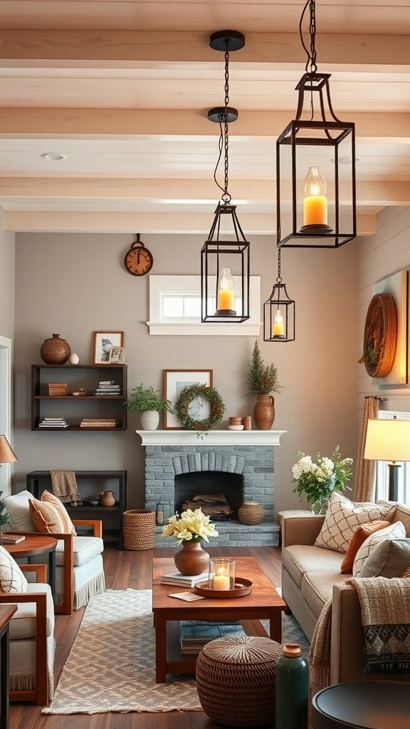 A modern farmhouse living room with decorative lanterns hanging from the ceiling, creating a warm atmosphere.