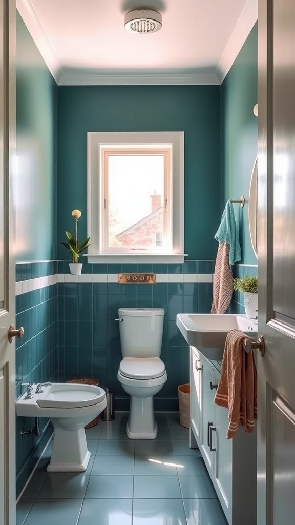 Small bathroom with deep teal walls and white fixtures