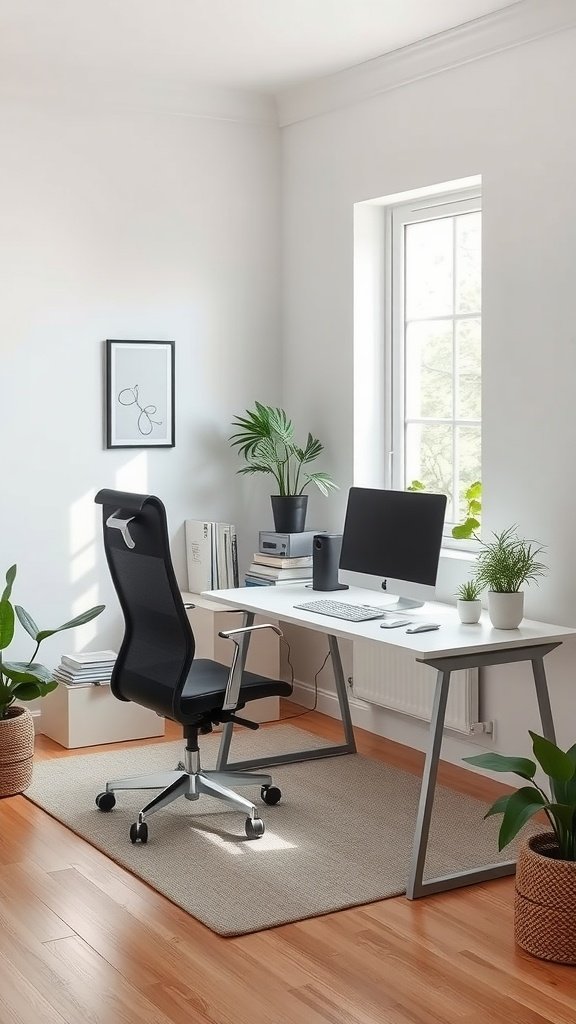 A minimalist home office setup featuring a clean desk, ergonomic chair, computer, and plants.