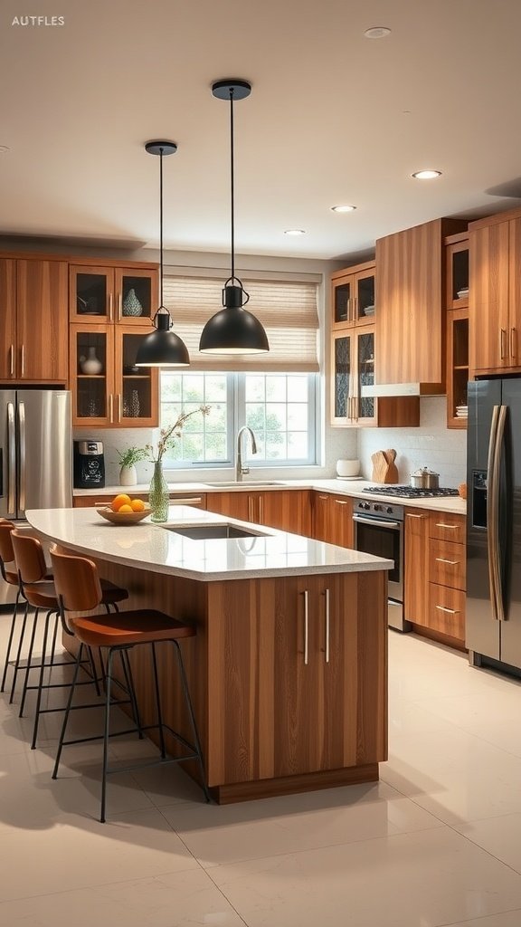 A modern kitchen featuring a wooden peninsula, bar stools, and stylish lighting.
