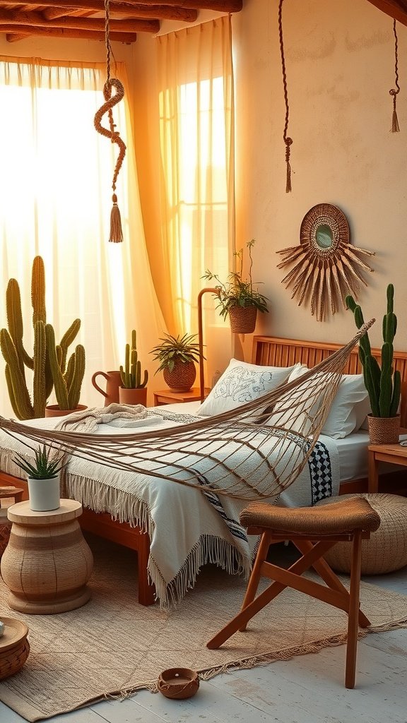 A cozy Desert Boho Chic bedroom featuring a hammock, cacti, and warm sunlight