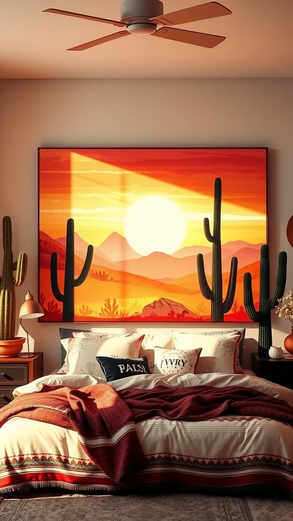Canvas artwork depicting a desert sunrise with cacti and mountains