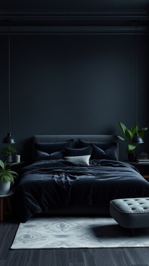 A dark moody bedroom featuring deep colors, plush bedding, and plants