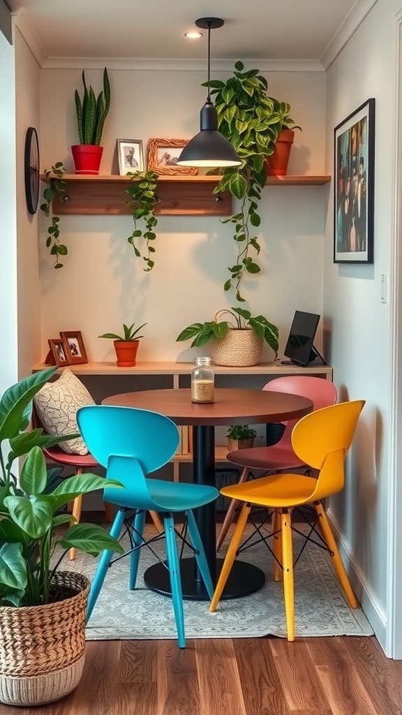 A compact dining nook featuring a round table with colorful chairs, decorated with plants and personal items on shelves.