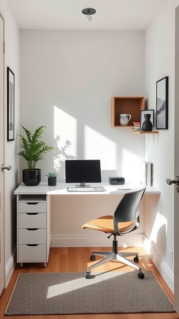 Small home office setup with a desk, chair, and decorative elements in a slim space